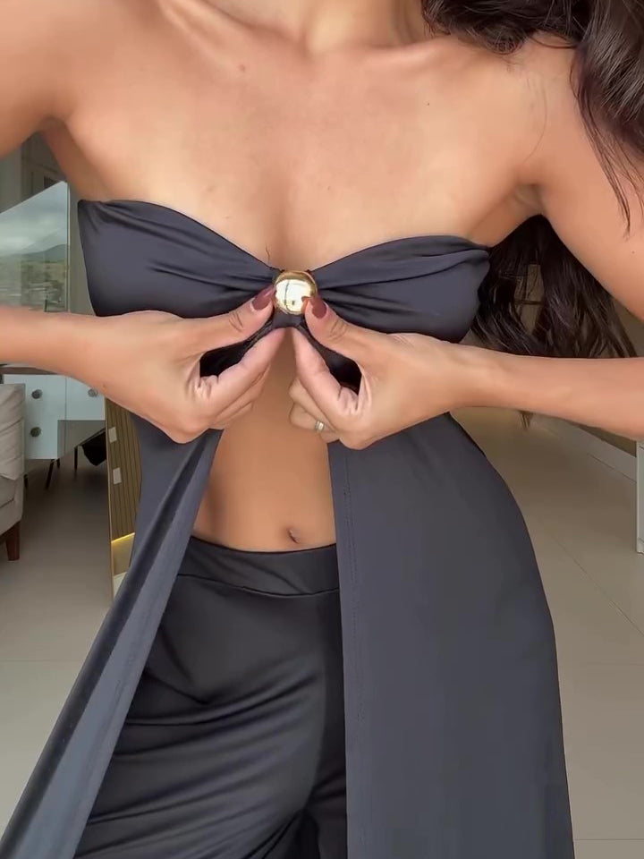 Black Tube Top Long Top & Wide Leg Pants Set