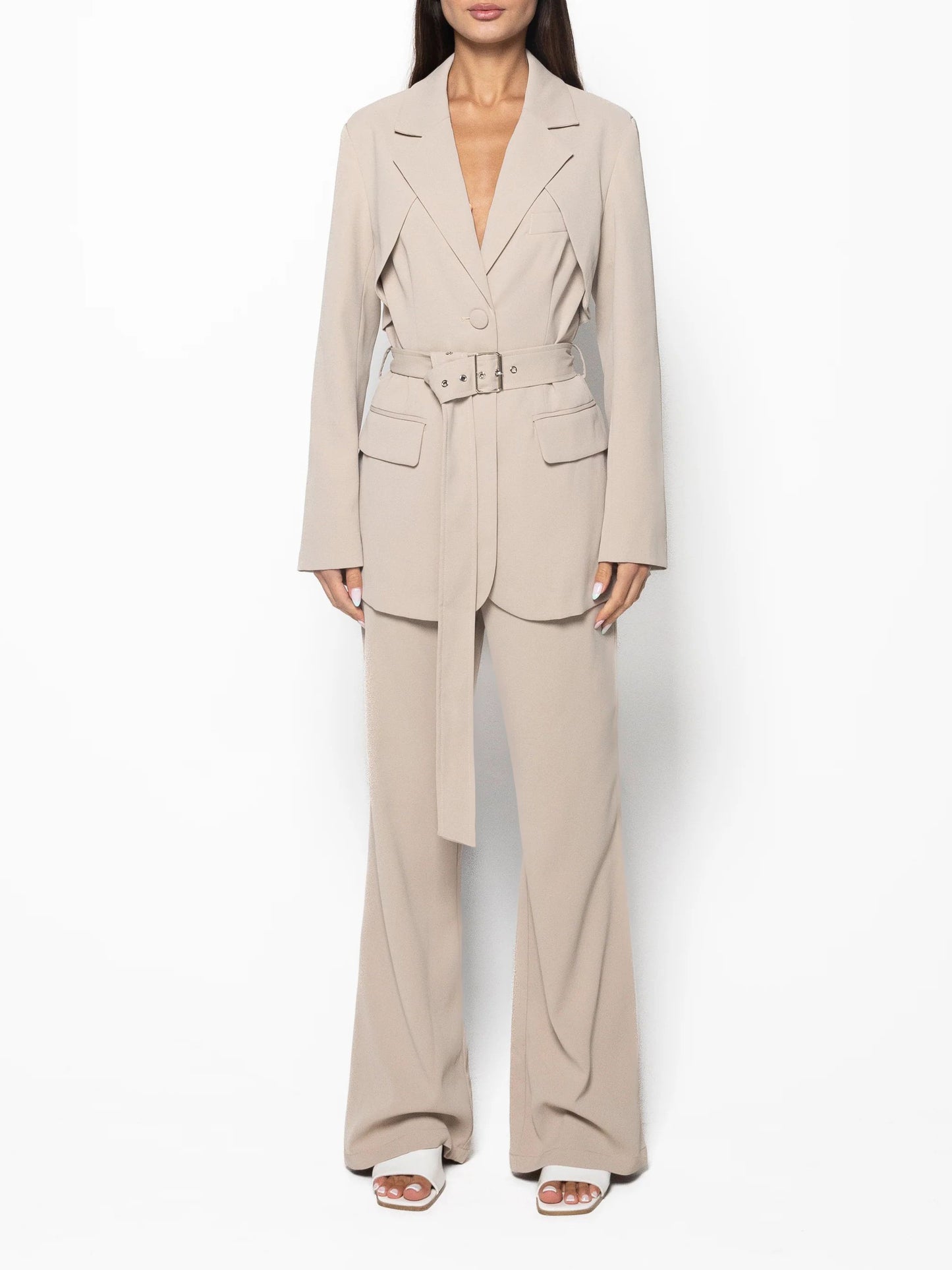 Elegant Solid Color Belted Blazer & High Waist Pants Set