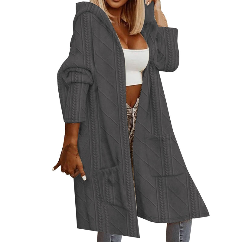 Women's Textured Hooded Longline Jacket, Solid Color Casual Oversized Top With Pockets For Fall & Winter