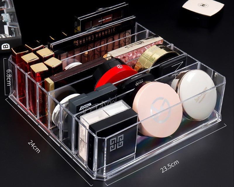 Cosmetic storage box with eye shadow tray and lipstick