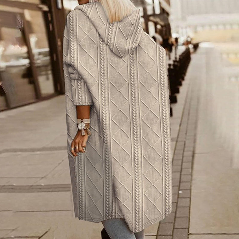 Women's Textured Hooded Longline Jacket, Solid Color Casual Oversized Top With Pockets For Fall & Winter