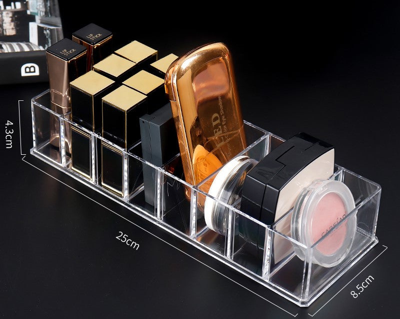 Cosmetic storage box with eye shadow tray and lipstick