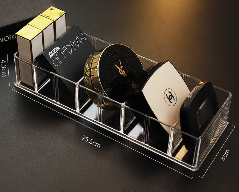 Cosmetic storage box with eye shadow tray and lipstick