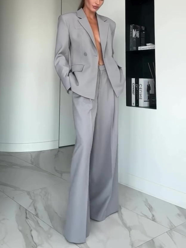 Gray Single-button Blazer & Wide-leg Pants Suit