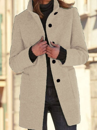 Women's New Vintage Solid Color Button-up Stand-up Collar Woolen Jacket