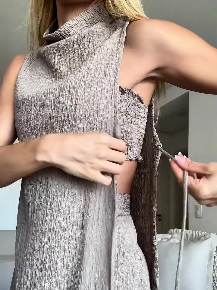 High-necked Slit Sleeveless Top And High-waisted Shorts Three-piece Set