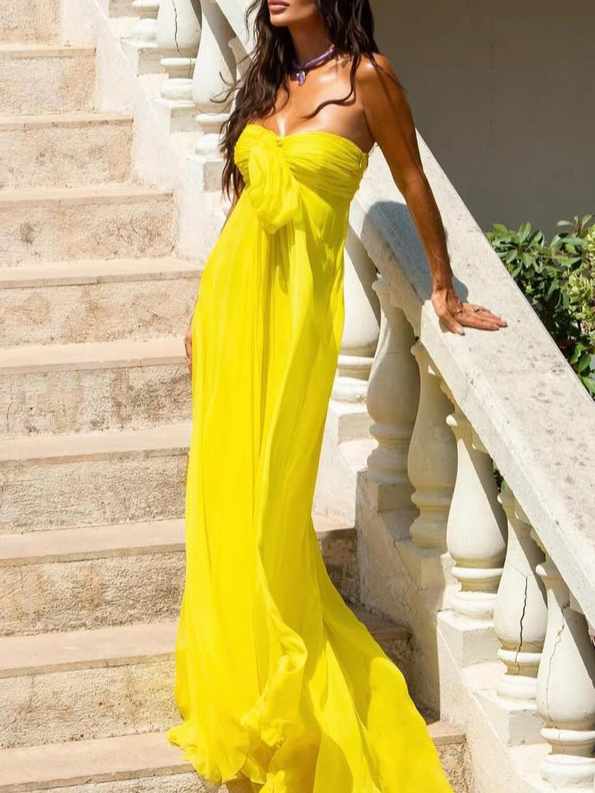 Yellow Strapless Bow Tie Maxi Dress