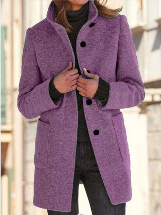 Women's New Vintage Solid Color Button-up Stand-up Collar Woolen Jacket