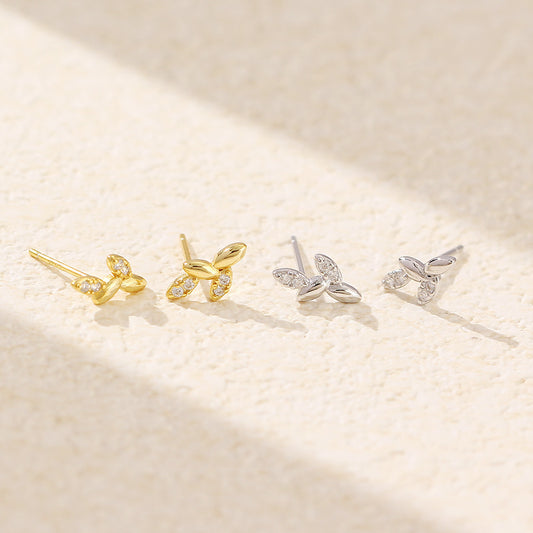 Leaf-shapepd Stud Earrings Silver Diamond Leaf Twin