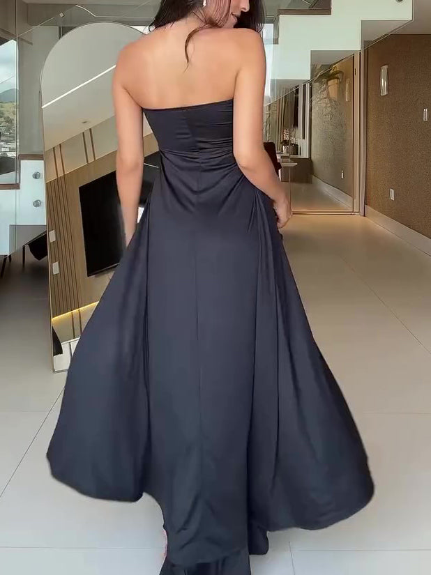 Black Tube Top Long Top & Wide Leg Pants Set