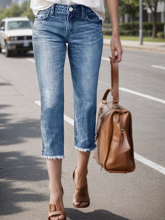 2025 Women's Denim Pants, Fringed Hems, Built-in Zipper Closure Straight Leg Jeans, Women's Cropped Jeans
