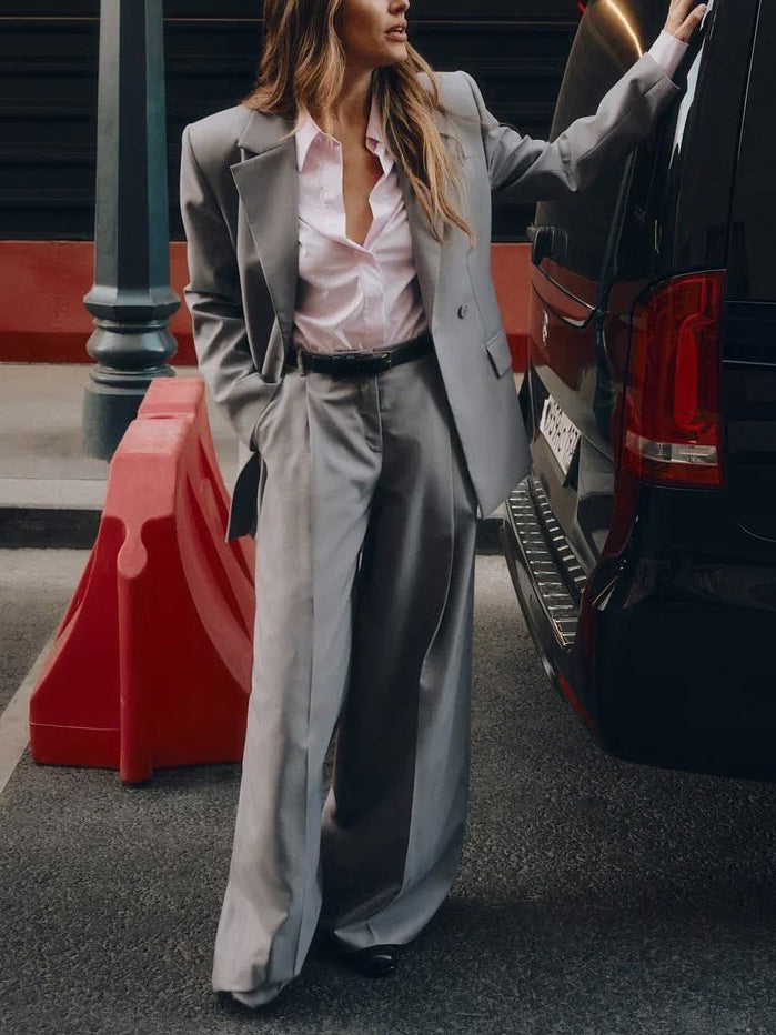 Gray Single-button Blazer & Wide-leg Pants Suit
