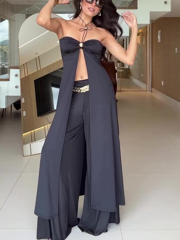 Black Tube Top Long Top & Wide Leg Pants Set
